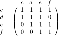     (  c d  e  f )
c      1 1  1  1
d   ||  1 1  1  0 ||
e   (  0 1  1  1 )
f      0 0  1  1
