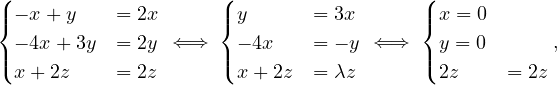 (| - x + y  = 2x      (| y      = 3x       (|x = 0
{                    {                   {
|( - 4x + 3y = 2y  ⇐⇒  |( - 4x   = - y ⇐ ⇒  |(y = 0      ,
  x+ 2z    = 2z        x+ 2z  = λz        2z     = 2z
