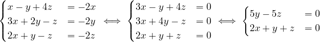 (| x- y+ 4z   = - 2x     (| 3x - y+ 4z  = 0      {
{                       {                       5y- 5z     = 0
|( 3x+ 2y- z  = - 2y ⇐ ⇒ |( 3x + 4y - z  = 0 ⇐ ⇒   2x+ y + z  = 0
  2x+ y- z   = - 2z       2x + y+ z   = 0
