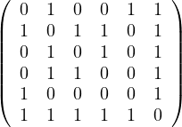                                               (                  )
                                              |  0  1 0  0  1  1 |
                                              ||  1  0 1  1  0  1 ||
                                              ||  0  1 0  1  0  1 ||
                                              |(  0  1 1  0  0  1 |)
                                                 1  0 0  0  0  1
                                                 1  1 1  1  1  0