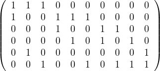                                          (                             )
                                           1  1  1  0  0 0  0  0  0  0
                                         || 1  0  0  1  1 1  0  0  0  0 ||
                                         || 0  0  0  1  0 0  1  1  0  0 ||
                                         || 0  0  0  0  1 0  1  0  1  0 ||
                                         ( 0  1  0  0  0 0  0  0  0  1 )
                                           0  0  1  0  0 1  0  1  1  1