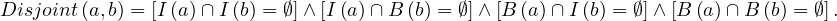 Disjoint (a,b) = [I(a)∩ I(b) = ∅]∧[I(a)∩ B (b) = ∅]∧ [B (a)∩ I(b) = ∅]∧ [B (a)∩ B (b) = ∅].
