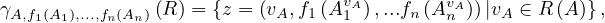 γ              (R ) = {z = (v ,f (AvA ),...f (AvA))|v ∈ R (A)},
 A,f1(A1),...,fn(An)           A  1   1     n   n    A
