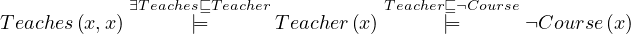             ∃Teaches⊑T eacher          Teacher⊑¬Course
Teaches(x,x)      |=       Teacher(x)      |=       ¬Course (x)
