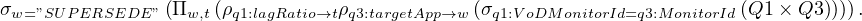 σ              (Π   (ρ          ρ            (σ                       (Q1 × Q3)))).
 w=”SUPERSEDE ”  w,t  q1:lagRatio→t q3:targetApp→w   q1:VoDMonitorId=q3:MonitorId
